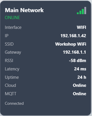ForgeUI Network Status Card showing live communications health